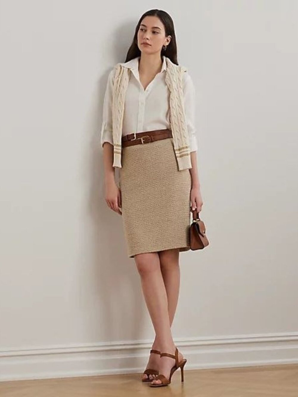 $195 Lauren Ralph Lauren Cotton-Blend Bouclé Pencil Skirt Tan
